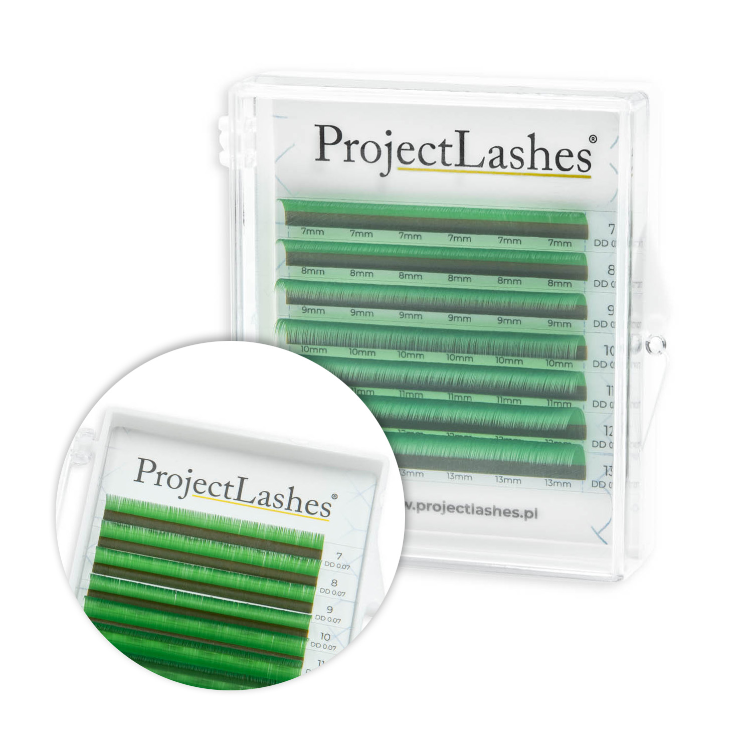 Rzęsy kolorowe ProjectLashes GREEN L 0,07 MIX 7-13 mm