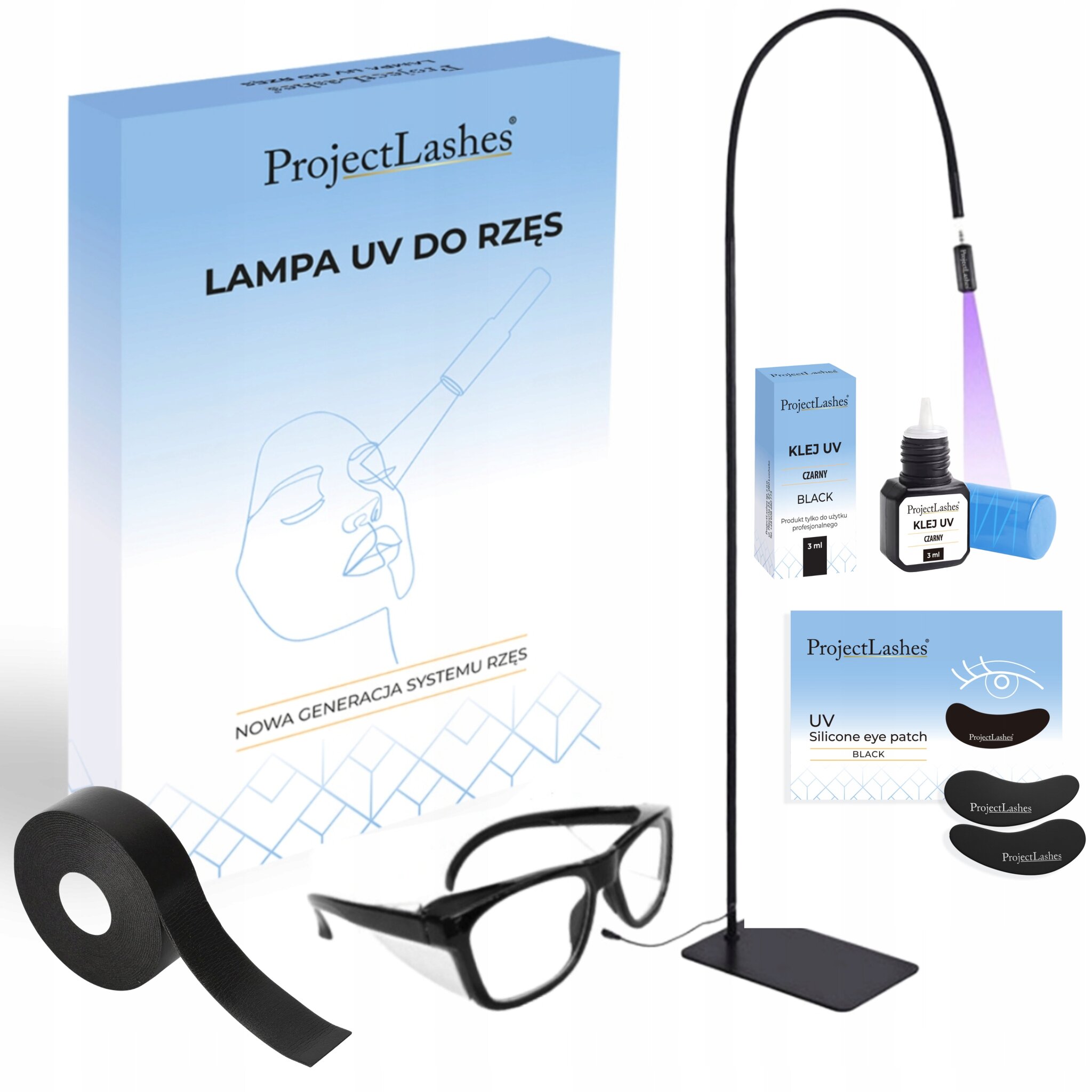 Zestaw Lampa UV do przedłużania rzęs - okulary klej płatki pod oczy taśma